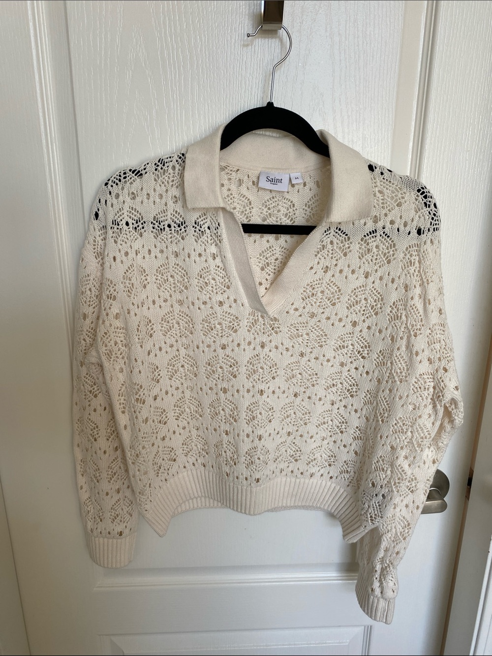 Saint Tropez West Cream Open-Knit V-Neck Polo Sweater